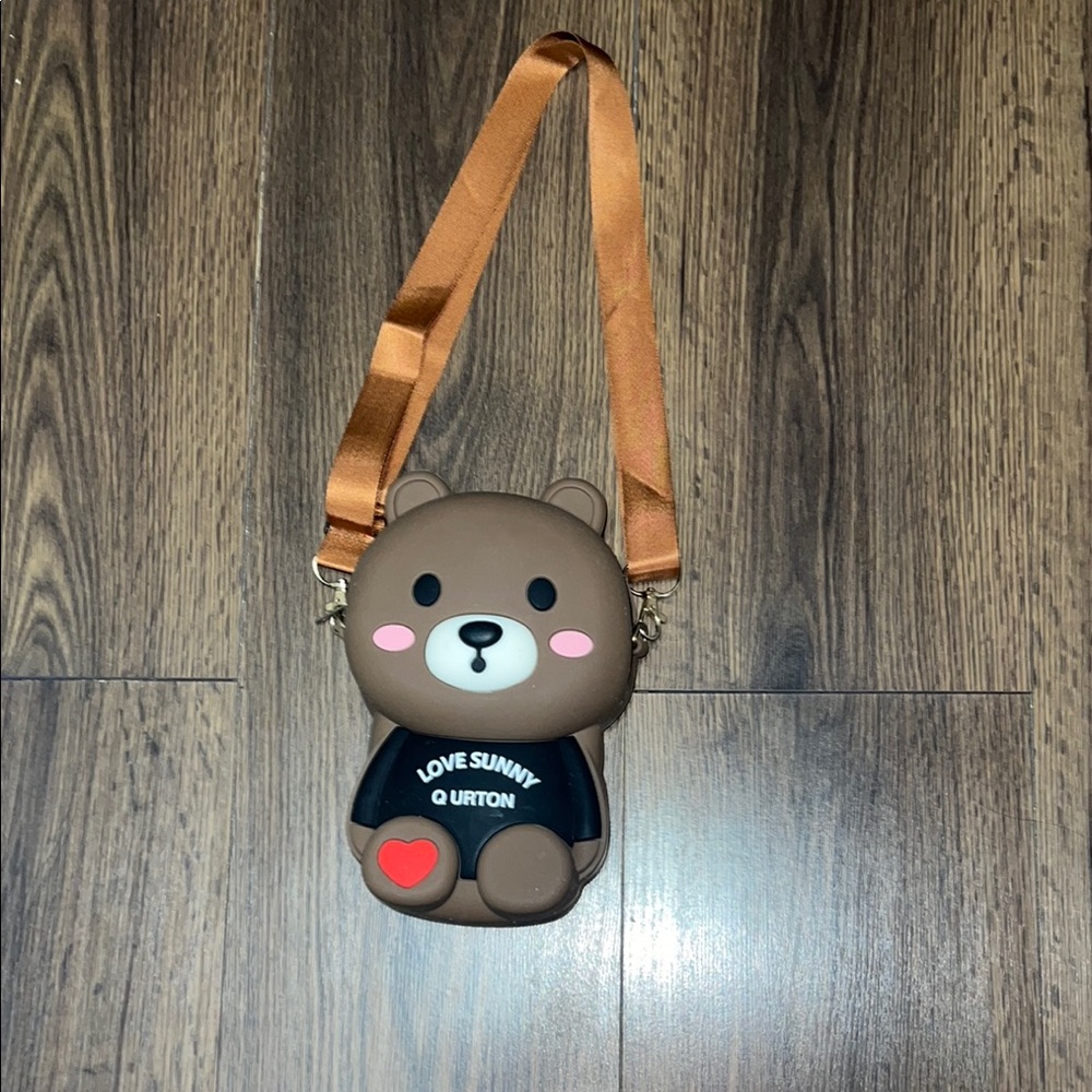 Brown Bear Crossbody Bag with Orange Strap